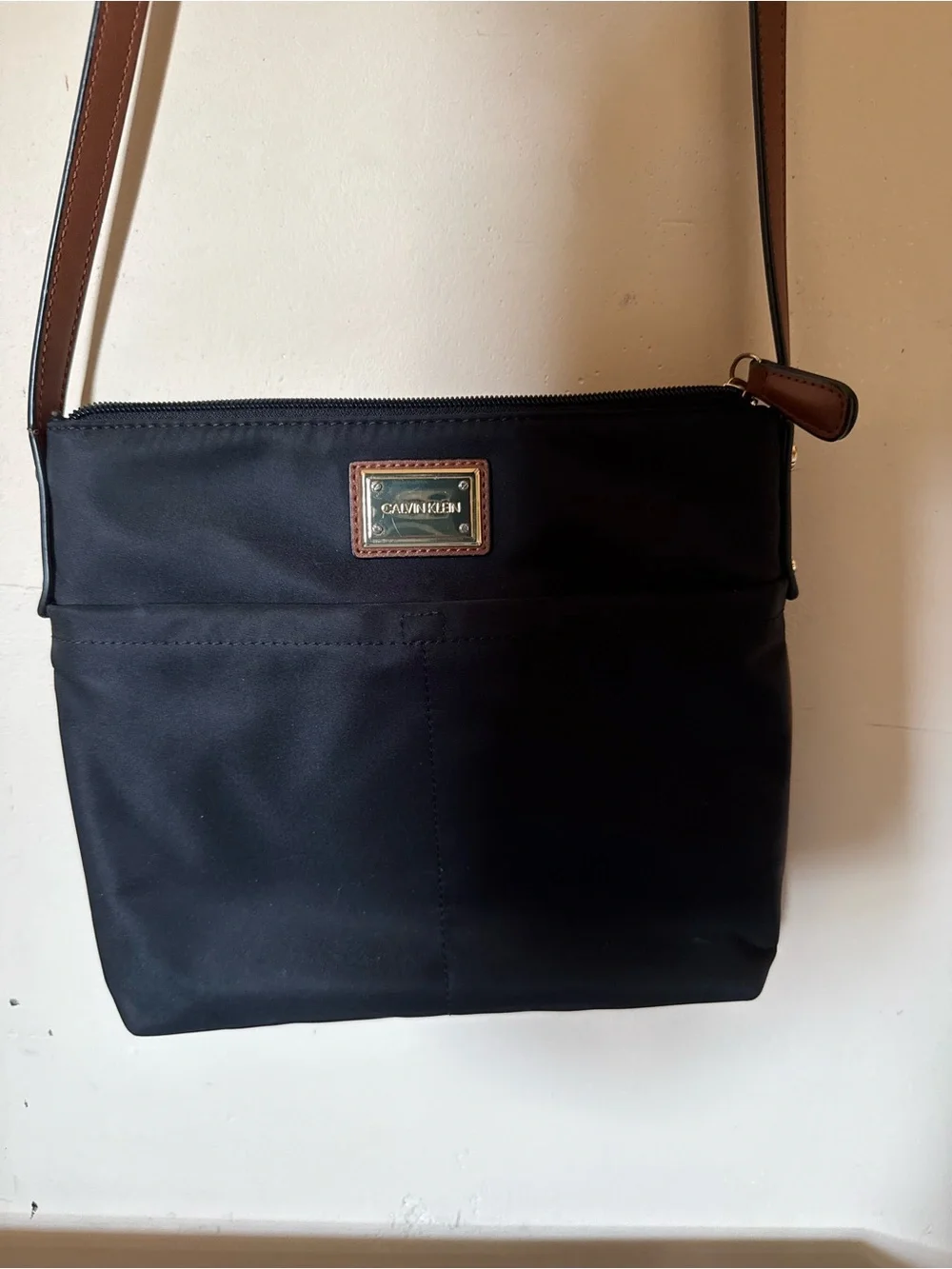 Calvin Klein Black Messenger Bag with Brown Trim